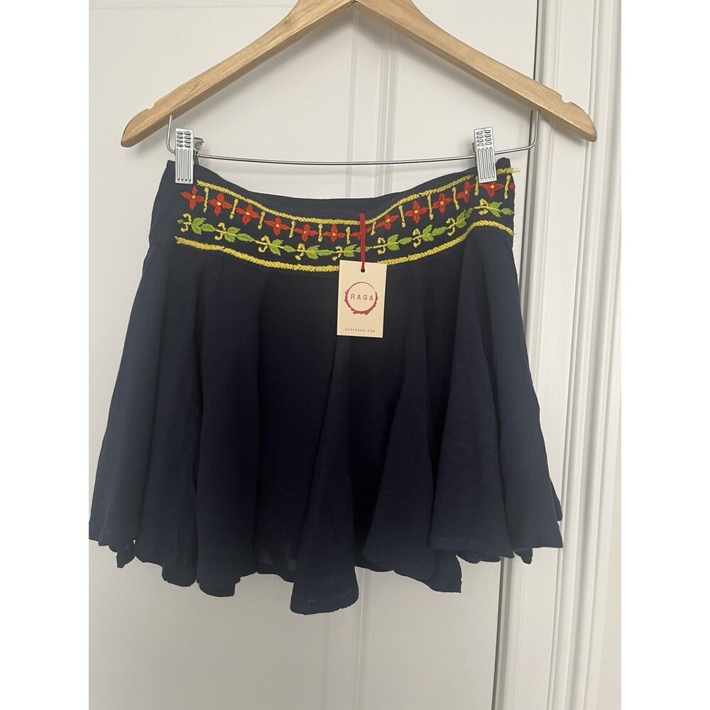Anthropologie Raga Sz. S Embroidered Mini Skirt Navy Blue Boho NWT